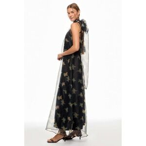 STAUD Floral Organza Maxi Dress Black Yellow Sheer Mock Neck Tie Back Size S